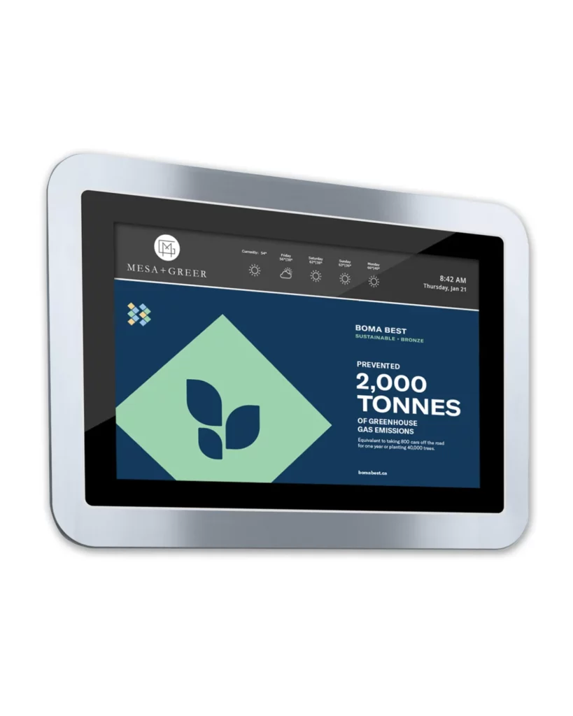 BOMA BEST - A tablet computer with a BOMA BEST Home green screen on it.