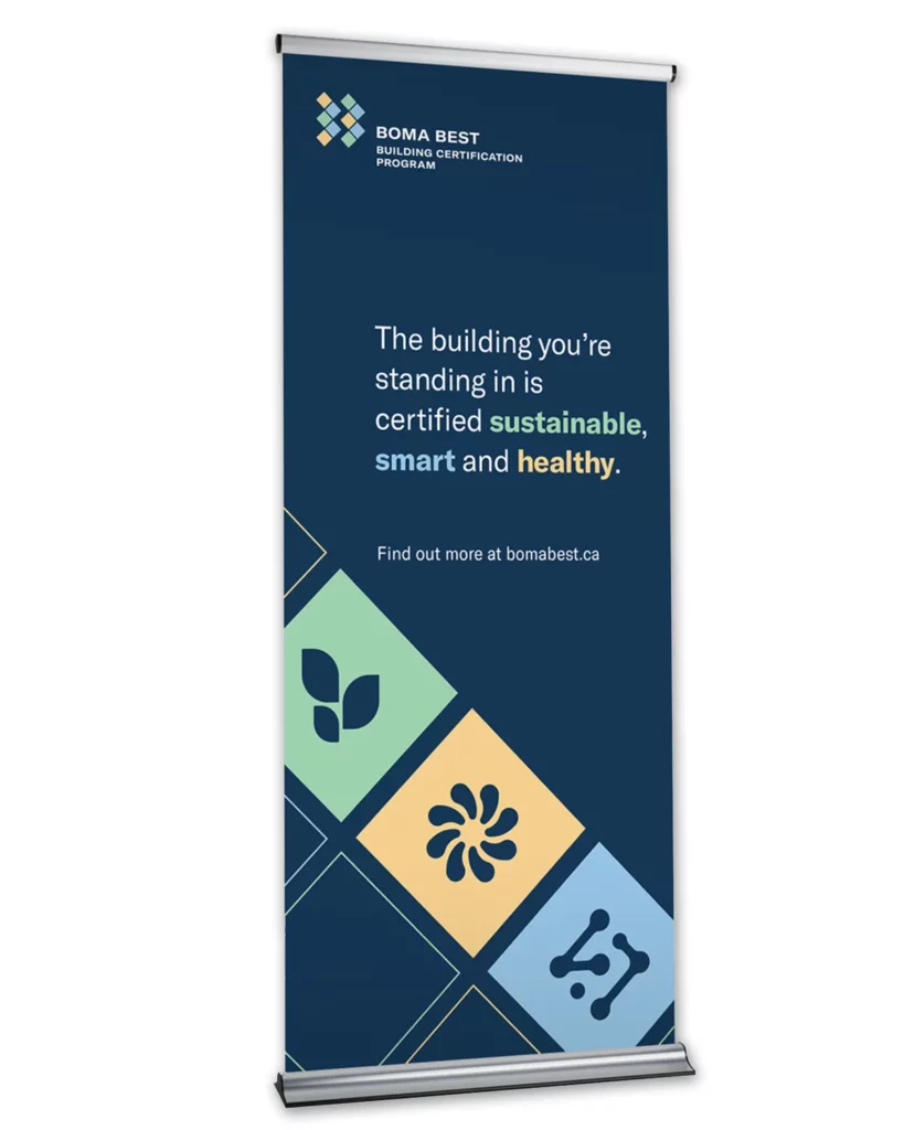 BOMA BEST - A roll up banner featuring an image of a building.