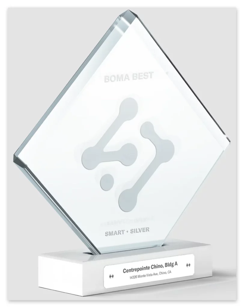 BOMA BEST - A glass award with the word BOMA BEST prominently displayed.