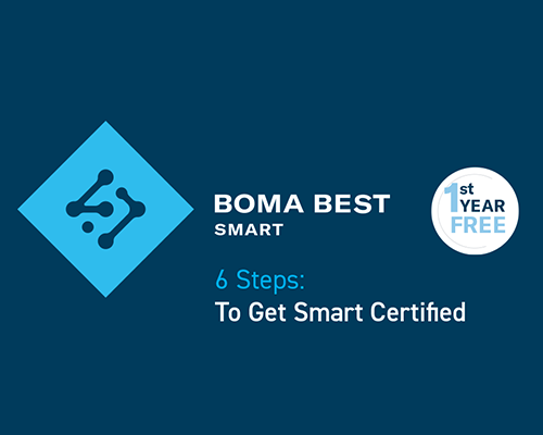 BOMA BEST - Logo of BOMA BEST Smart Certified with text "1st year free" and "6 Steps to Get Certified" on a blue background.