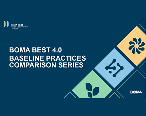 BOMA BEST - Graphic promoting the BOMA BEST Sustainable 4.0 baseline practices comparison series, featuring colorful geometric shapes and icons.