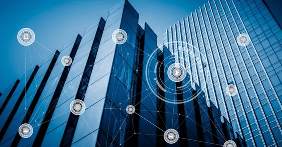 BOMA BEST - Modern sustainable office buildings with overlay of digital network connectivity icons.