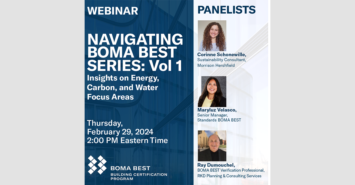 BOMA BEST - Promotional image for a webinar titled "Navigating BOMA BEST Series: Vol 1", focusing on energy efficiency, water management, and carbon areas, scheduled for February 29, 202