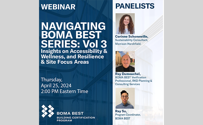 BOMA BEST - Webinar poster titled "navigating BOMA BEST series: vol 3 - insights on accessibility & wellness, focus, resilience" featuring date, time, and photos with names of two panel