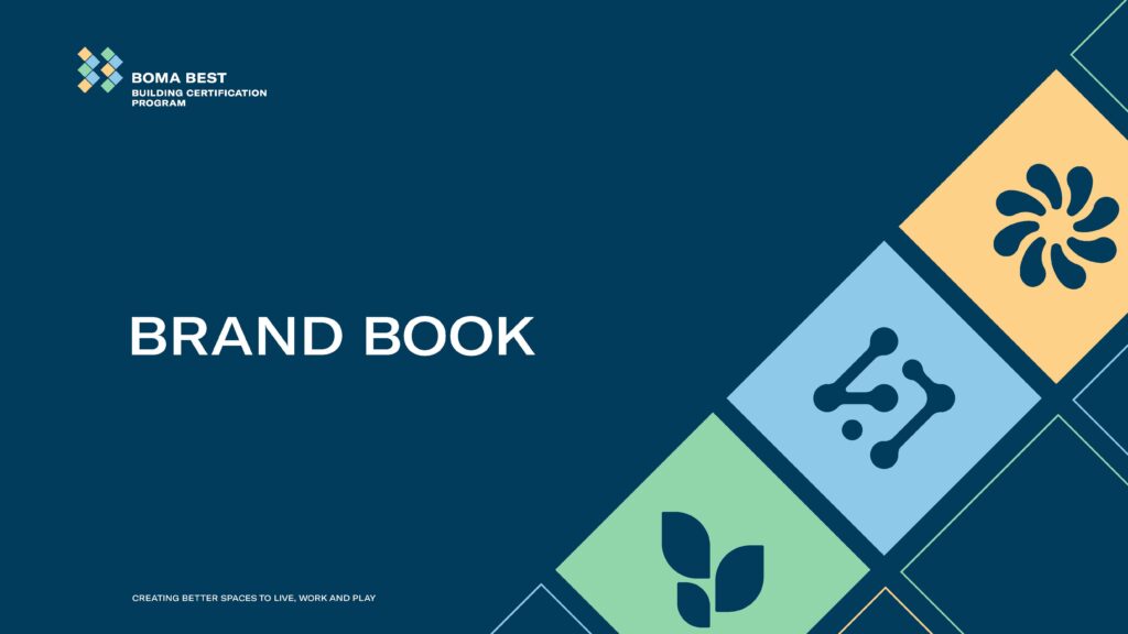 BOMA BEST - Graphic cover of a "brand book" featuring a blue background with multicolored tiles and icons, including the BOMA BEST sustainable building certification program logo.