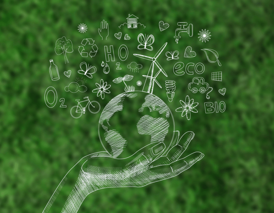 BOMA BEST - A hand holding a globe with sustainability icons around it.