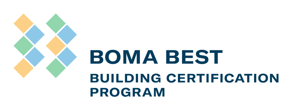 BOMA BEST - The BOMA BEST v4.1 Building Certification Program logo features a pattern of diamond shapes in green, yellow, and blue hues.