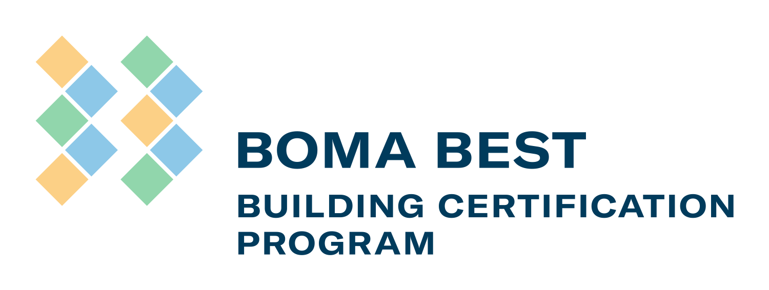 BOMA BEST - The BOMA BEST v4.1 Building Certification Program logo features a pattern of diamond shapes in green, yellow, and blue hues.