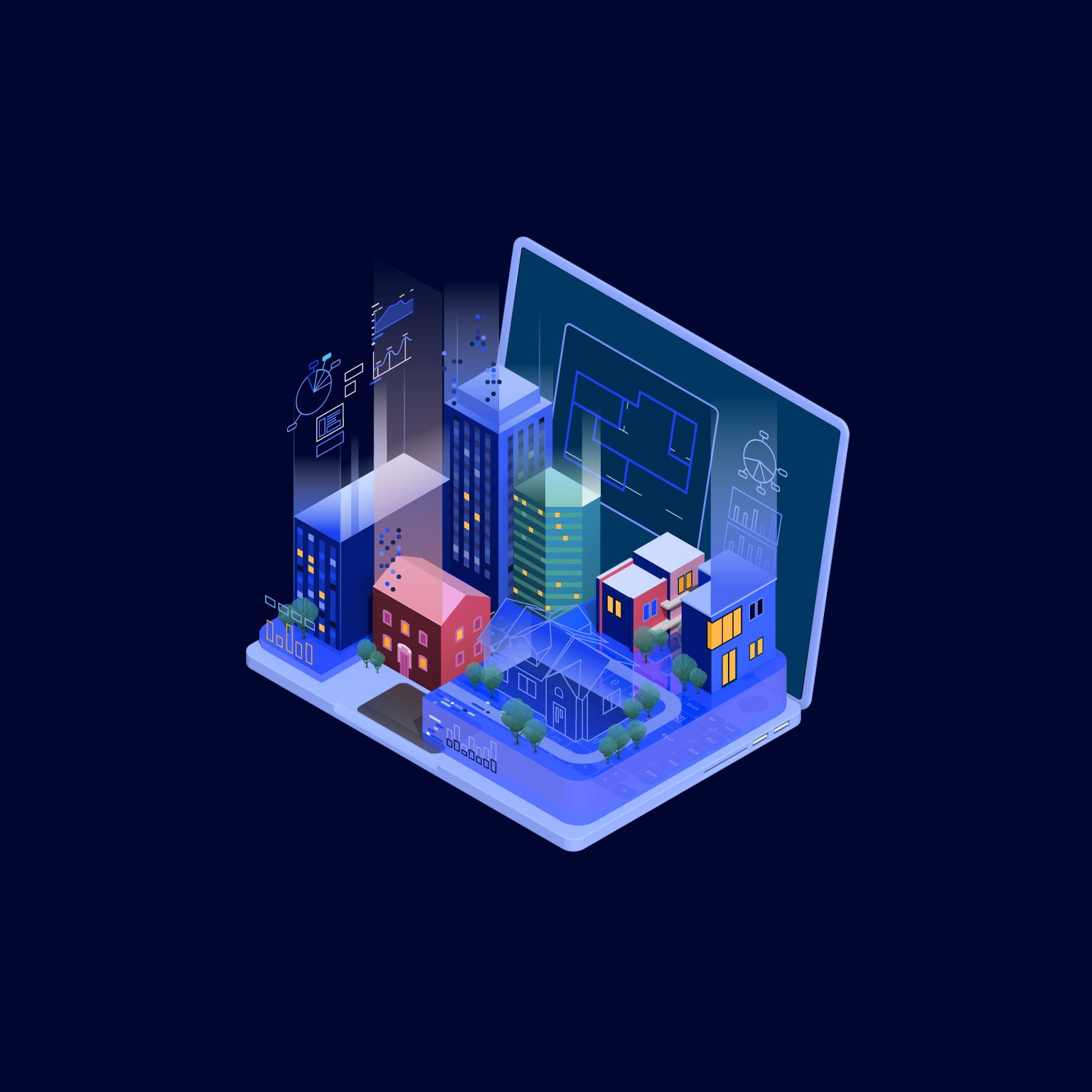 BOMA BEST - Isometric illustration of a laptop screen featuring a 3D holographic cityscape with buildings and architectural designs, powered by AI technology to revolutionize real estate experiences.