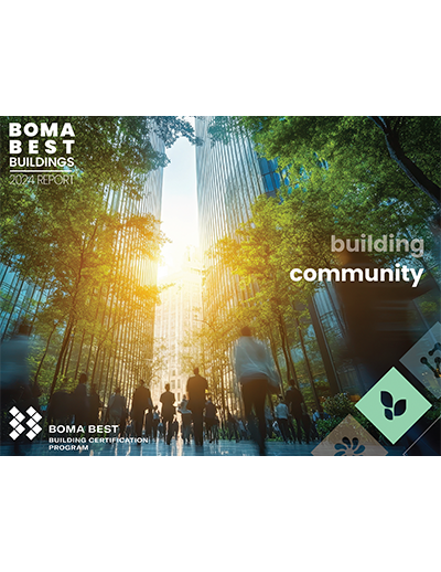 BOMA BEST - A city street lined with tall buildings and trees. Silhouetted people walk beneath a bright sunbeam. Text: "BOMA BEST Buildings Report 2024 - Building Community.